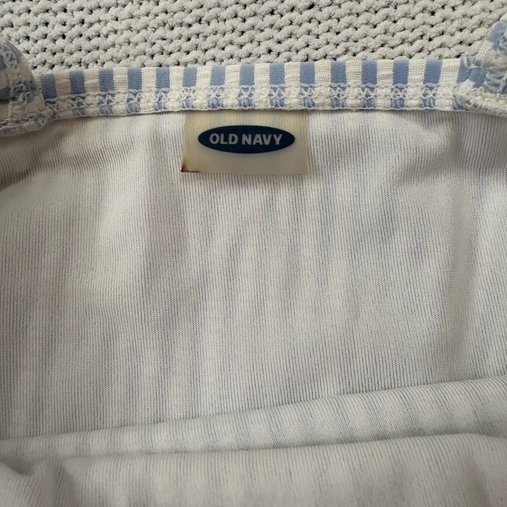 Ruffle Butts Striped Blue and White Swimsuit Top and Old Navy One Piece - Picture 6 of 8